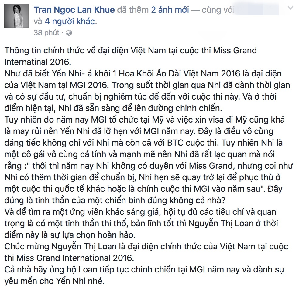 Nguyễn Loan bất ngờ thế chỗ Á khôi Yến Nhi tham gia Miss Grand International 2016 - Ảnh 1. Nguyễn Loan bất ngờ thế chỗ Á khôi Yến Nhi tham gia Miss Grand International 2016 - Ảnh 1.