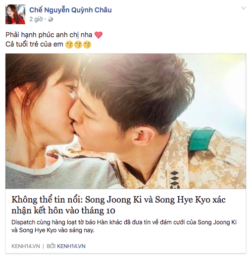 Biết tin Song Hye Kyo và Song Joong Ki kết hôn, sao Việt: Người phấn khích, kẻ khóc ròng - Ảnh 7. Biết tin Song Hye Kyo và Song Joong Ki kết hôn, sao Việt: Người phấn khích, kẻ 'khóc ròng' 7