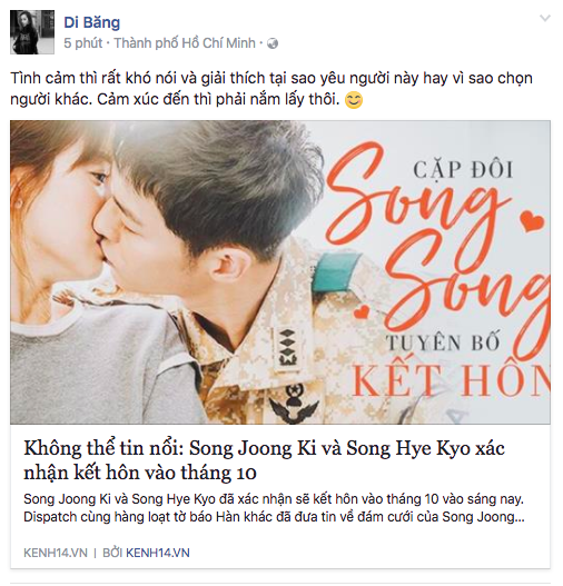 Biết tin Song Hye Kyo và Song Joong Ki kết hôn, sao Việt: Người phấn khích, kẻ khóc ròng - Ảnh 6. Biết tin Song Hye Kyo và Song Joong Ki kết hôn, sao Việt: Người phấn khích, kẻ 'khóc ròng' 6