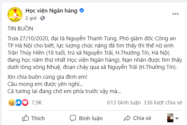 Học viện Ngân hàng chia sẻ về vụ nữ sinh bị dìm xuống sông tử vong - Ảnh 1. Học viện Ngân hàng chia sẻ về vụ nữ sinh bị dìm xuống sông tử vong - Ảnh 1.