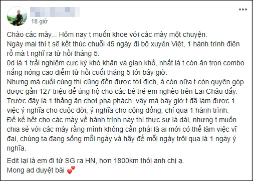 Chàng trai 23 tuổi đi bộ từ Nam ra Bắc trong 45 ngày, xin ăn và làm thuê dọc đường vẫn kêu gọi được tiền ủng hộ trẻ em nghèo - Ảnh 1.