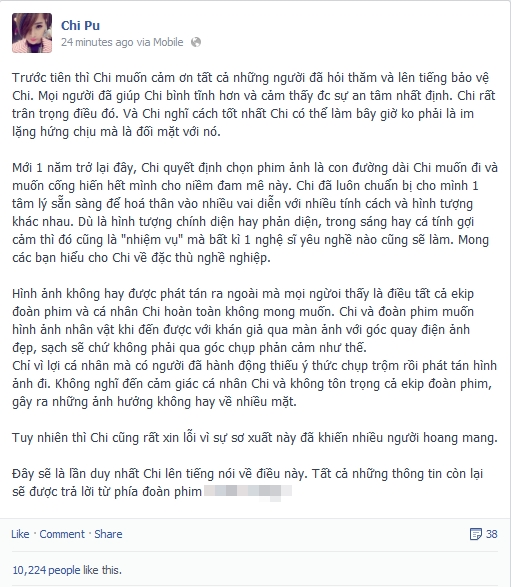 Chi Pu lên FB "trần tình" về sự việc lộ ảnh nóng 2 Chi Pu lên FB "trần tình" về sự việc lộ ảnh nóng 2