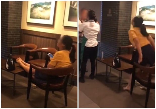 Đã gác chân lên bàn, nữ khách hàng còn phun nước bọt vào vai nhân viên của quán Starbucks - Ảnh 2.
