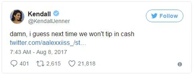 Thu nhập hàng trăm tỷ đồng, Kendall Jenner bị tố ki bo đến mức không trả tiền tip khi đi bar - Ảnh 3. Thu nhập hàng trăm tỷ đồng, Kendall Jenner bị tố ki bo đến mức không trả tiền tip khi đi bar - Ảnh 3.