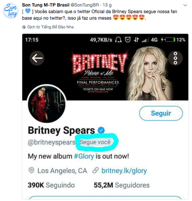 Britney Spears âm thầm theo dõi fanpage của Sơn Tùng tại Brazil - Ảnh 1. Britney Spears âm thầm theo dõi fanpage của Sơn Tùng tại Brazil - Ảnh 1.