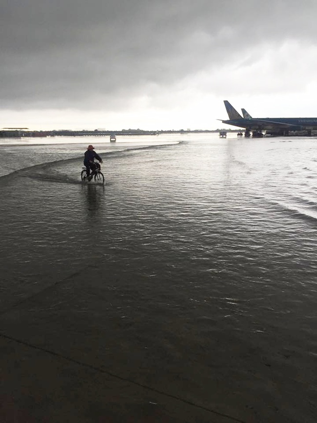 Clip: Sân bay Tân Sơn Nhất lại ngập lênh láng sau cơn mưa lớn ở Sài Gòn - Ảnh 3.