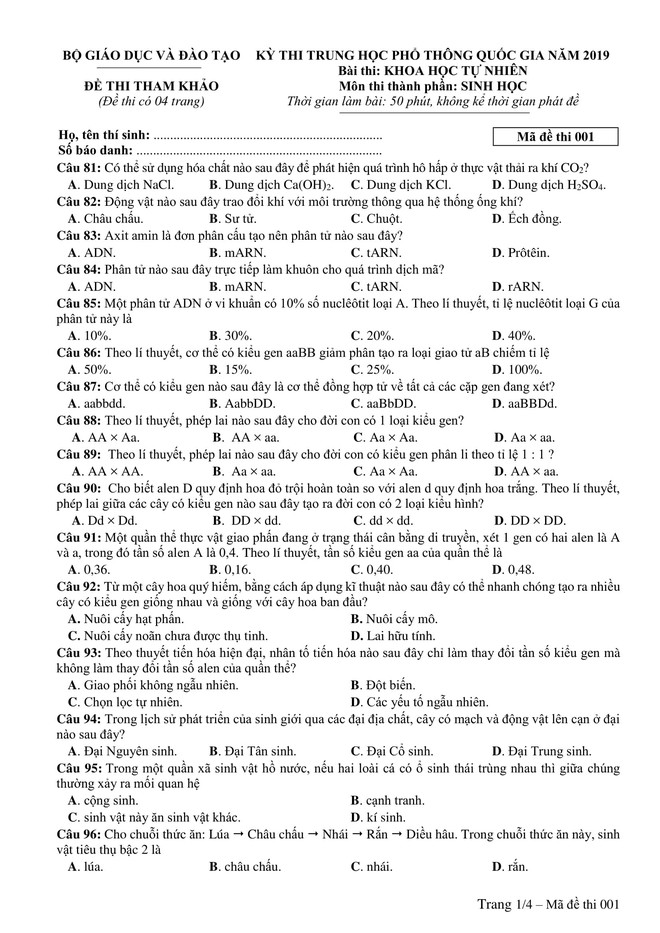 Đề thi minh hoạ THPT Quốc gia năm 2019: Sinh học - Ảnh 1.