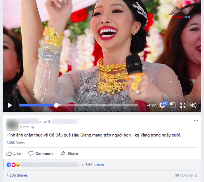 Đoạn clip cô dâu Hậu Giang mang 1kg vàng trên người đang được chia sẻ chóng mặt trên facebook - Ảnh chụp màn hình.