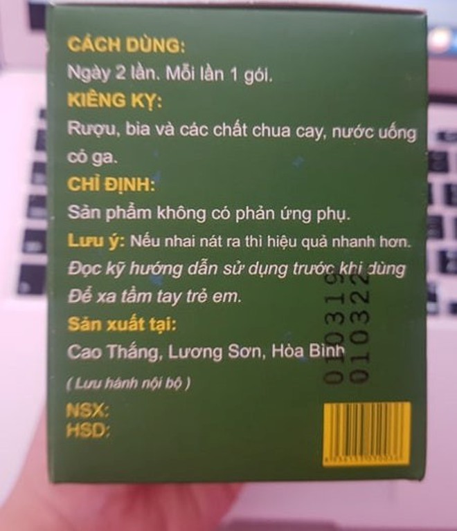 Sản phẩm đặc trị dạ dày của công ty thiên phú được giới thiệu là sản xuất trên dây chuyền công nghệ hiện đại tại nhà máy được đặt tại tỉnh hà nam nhưng trên bao bì lại ghi sản xuất tại huyện lương sơn tỉnh hoà bình - ảnh: ngày nay.