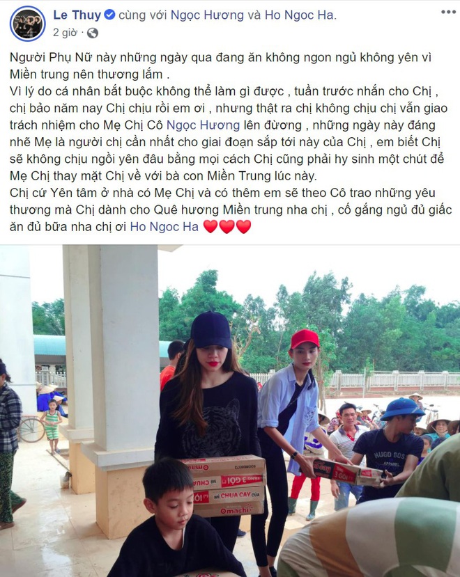 Lê Thúy tiết lộ tâm trạng của Hồ Ngọc Hà khi không thể có mặt ở miền Trung cứu trợ người dân - Ảnh 2. Lê Thúy tiết lộ tâm trạng của Hồ Ngọc Hà khi không thể có mặt ở miền Trung cứu trợ người dân - Ảnh 2.