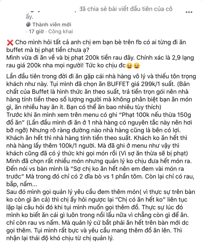 Ăn buffet bị phạt 200k vì thừa bó rau muống, thực khách đăng bài tố: Tôm thịt cá không có, còn rau bắt dùng hết nghĩ có ức không? - Ảnh 1. Ăn buffet bị phạt 200k vì thừa bó rau muống, thực khách đăng bài tố: Tôm thịt cá không có, còn rau bắt dùng hết nghĩ có ức không? - Ảnh 1.