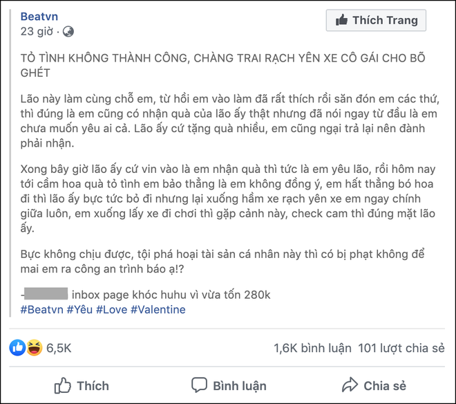 Nam thanh niên bị crush từ chối đúng ngày Valentine, tức tối rạch yên xe SH của cô gái kèm tin nhắn cục cằn: Không yêu trả dép tao về - Ảnh 1.