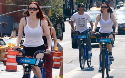 Sophie Turner để mặt mộc xinh đẹp đạp xe dạo phố cùng chồng