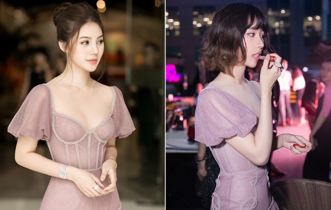 Cùng khoe mình hạc xương mai trong một mẫu đầm tím mộng mơ, Jolie Nguyễn và Min ai đẹp hơn ai?