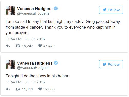 Vanessa Hudgens nhận tin cha qua đời ngay trước giờ diễn - Ảnh 1.
