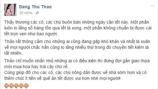 Hoa hậu Thu Thảo mong mọi người mua hoa Tết trước giao thừa giúp nông dân - Ảnh 1.