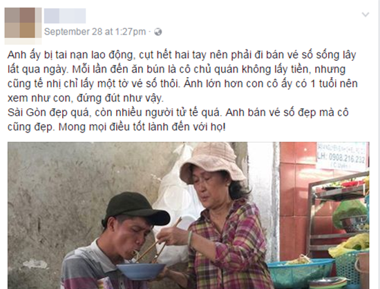 Khoảnh khắc đẹp ở Sài Gòn: Cô chủ quán đút từng miếng bún cho anh bán vé số cụt hai tay - Ảnh 2.