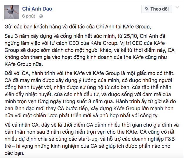 Đào Chi Anh bất ngờ thông báo rời khỏi vị trí CEO của KAfe Group - Ảnh 1.