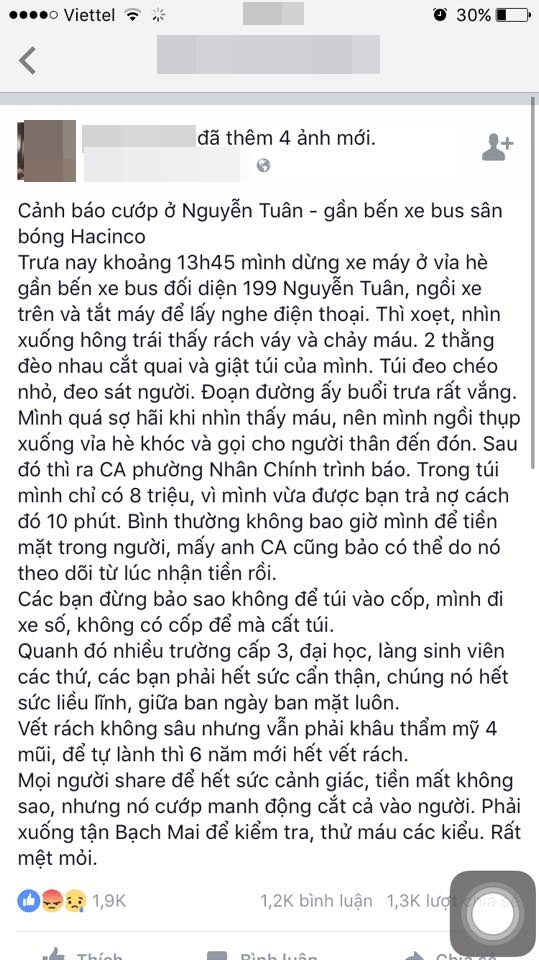 Cô gái trẻ ở Hà Nội bị kẻ gian cắt quai túi xách đến rách da ngay trên phố gây xôn xao - Ảnh 1.