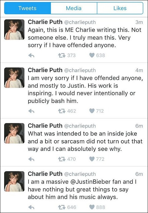 Charlie Puth rối rít đăng loạt tweet xin lỗi sau khi hùng hồn chửi Justin Bieber - Ảnh 2.