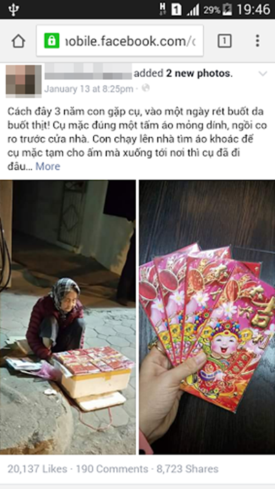 Hình ảnh cụ bà ngồi vỉa hè Hà Nội bán bao lì xì giữa trời giá rét khiến nhiều người cảm động - Ảnh 1.