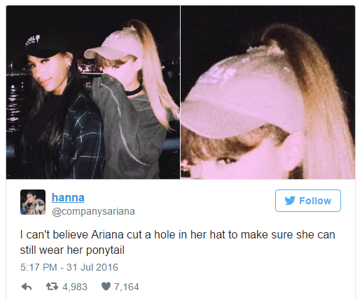 Ariana Grande khoét thủng mũ lưỡi trai để vừa đội được mũ vừa diện được tóc đuôi ngựa - Ảnh 3.