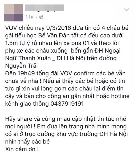 4 em học sinh tiểu học ở Hà Nội mất tích sau khi lên xe buýt - Ảnh 1.