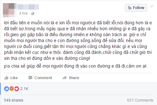 Nữ sinh bắt bạn liếm chân viết status xin mọi người Đừng dồn em vào đường cùng - Ảnh 1.