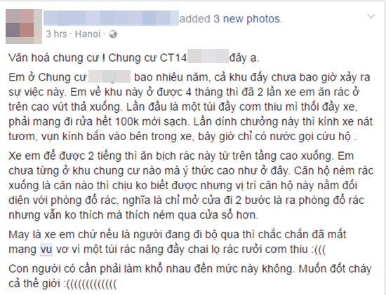 Nữ tài xế hoảng hốt khi túi rác từ trên chung cư bay xuống làm vỡ kính chắn gió xe Toyota Yaris - Ảnh 1.