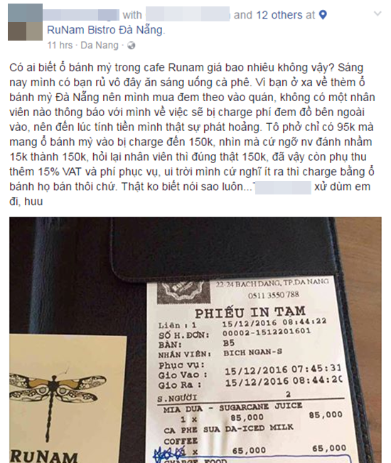 Khách phàn nàn vì bị tính phụ thu 150k khi mang bánh mỳ vào quán, đại diện cafe Runam nói gì? - Ảnh 1.