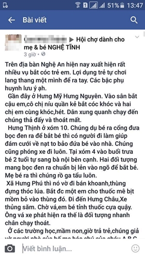 Điều tra tin đồn bắt cóc trẻ em hàng loạt gây hoang mang dư luận ở Nghệ An - Ảnh 1.