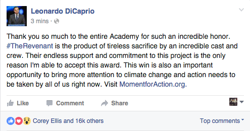 Leonardo DiCaprio chia sẻ ngay trên facebook sau khi ẵm giải lớn tại Oscar 2016 - Ảnh 1.
