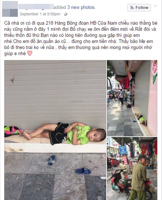 Cậu b&eacute; 4 tuổi nằm co ro ở vỉa h&egrave; H&agrave;ng B&ocirc;ng v&agrave; lời k&ecirc;u gọi của cha nhờ cộng đồng mạng t&igrave;m người nu&ocirc;i - Ảnh 1.