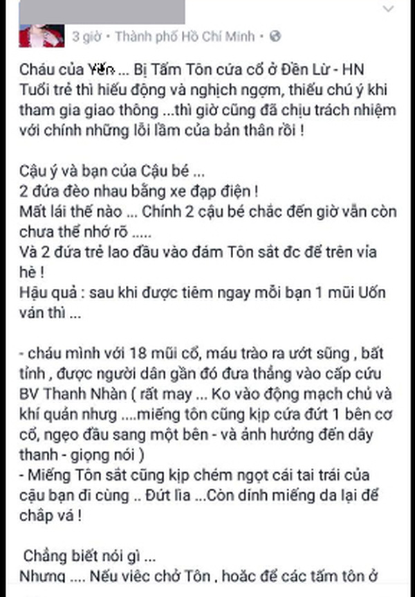 Hà Nội: 2 học sinh đi xe đạp điện va chạm vào đống tôn, bị cứa đứt tai và cổ - Ảnh 1.