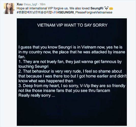 V.I.P Việt Nam đồng loạt chia sẻ hình ảnh, gửi lời xin lỗi đến Seung Ri vì hành động quá khích - Ảnh 8.