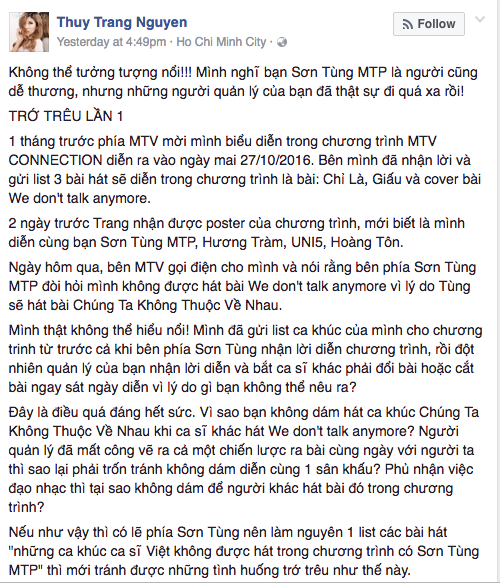 BTC đ&ecirc;m nhạc l&ecirc;n tiếng về tranh c&atilde;i giữa Trang Ph&aacute;p v&agrave; ph&iacute;a Sơn T&ugrave;ng M-TP - Ảnh 2.
