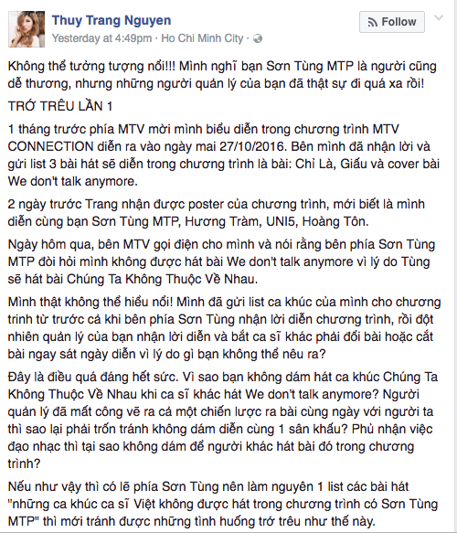 BTC đêm nhạc lên tiếng về tranh cãi giữa Trang Pháp và phía Sơn Tùng M-TP - Ảnh 2.