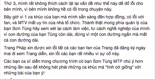 BTC đ&ecirc;m nhạc l&ecirc;n tiếng về tranh c&atilde;i giữa Trang Ph&aacute;p v&agrave; ph&iacute;a Sơn T&ugrave;ng M-TP - Ảnh 4.