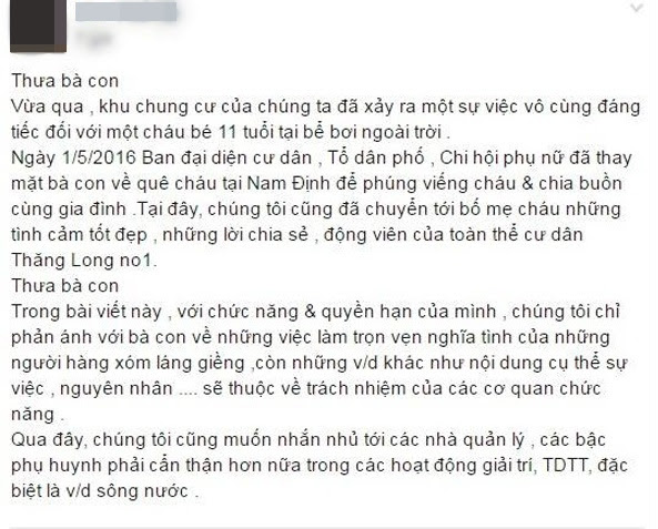 Một bé trai chết đuối thương tâm tại hồ bơi khu chung cư cao cấp ở Hà Nội - Ảnh 1.