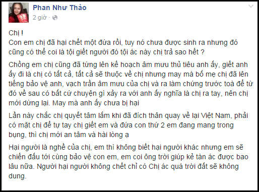 Phan Như Thảo bức xúc tố người phụ nữ hại chết con mình trên trang cá nhân - Ảnh 2.