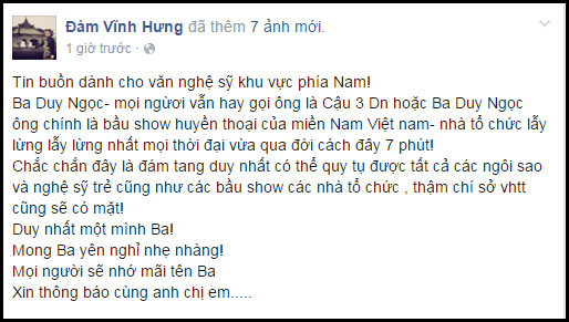 Đàm Vĩnh Hưng thương tiếc trước sự ra đi của một trong tứ quái bầu show nổi tiếng Sài Gòn - Ảnh 1.