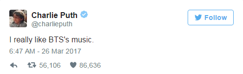 BTS và Charlie Puth bất ngờ dành lời khen cho nhau trên Twitter - Ảnh 1.