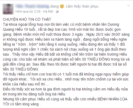 Hành động đẹp: Chàng thanh niên mổ ruột thừa dũng cảm bắt cướp trong bệnh viện - Ảnh 1.