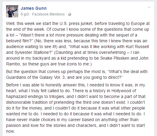 James Gunn sẽ tiếp tục làm đạo diễn và biên kịch của Guardians Of The Galaxy Vol.3 - Ảnh 1.