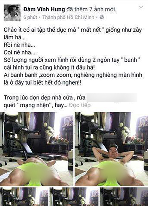 Đ&agrave;m Vĩnh Hưng khiến kh&aacute;n giả n&oacute;ng mặt v&igrave; đăng h&igrave;nh tập thể dục với tư thế phản cảm - Ảnh 1.