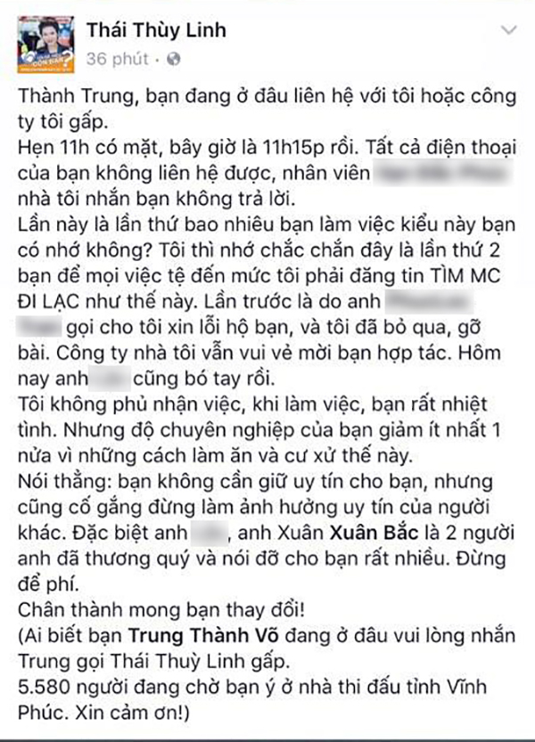 Bị Thái Thùy Linh tố đi trễ khiến gần 6.000 người đợi, MC Thành Trung đáp trả mạnh mẽ - Ảnh 1.