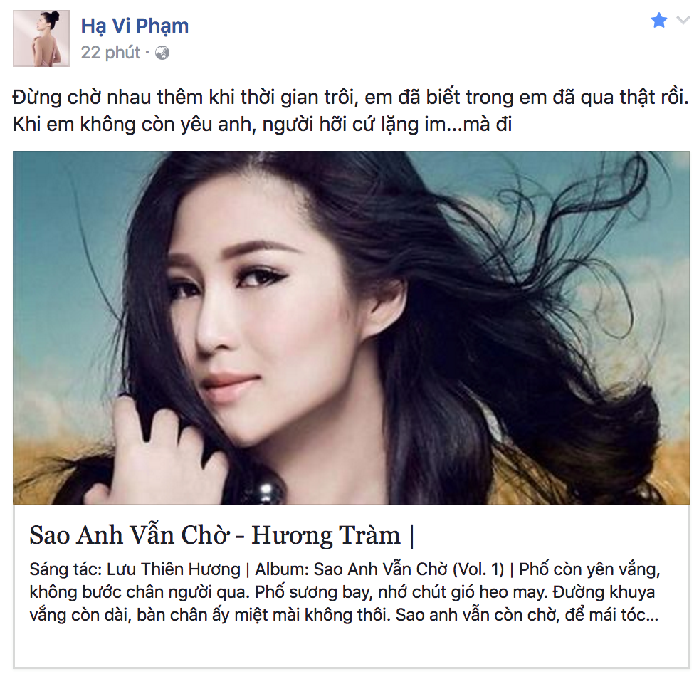 Mở lại Facebook, Hạ Vi mượn lời ca khúc của Hương Tràm để chia sẻ không còn yêu Cường Đô La? - Ảnh 1. Mở lại Facebook, Hạ Vi mượn lời ca khúc của Hương Tràm để chia sẻ không còn yêu Cường Đô La? - Ảnh 1.
