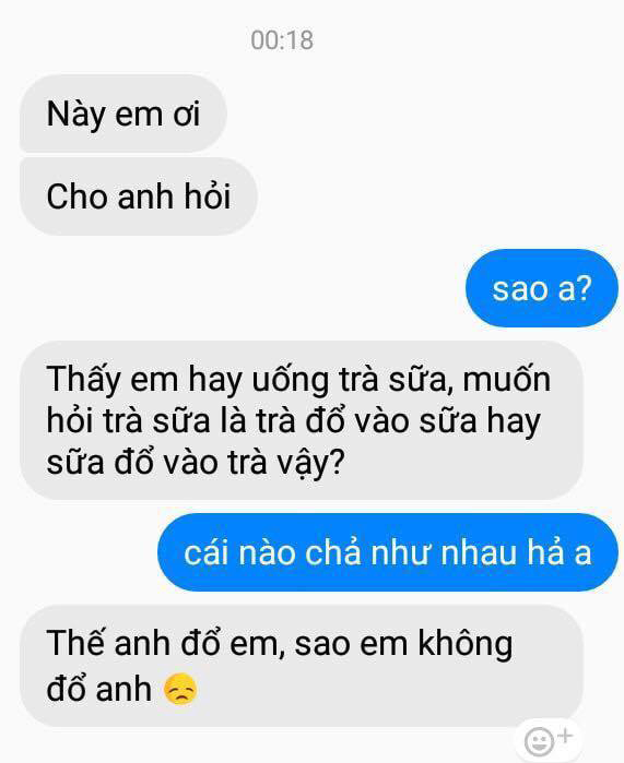 Đỉnh cao của nhắn tin cưa cẩm bây giờ: Trà sữa là trà đổ vào sữa hay sữa đổ vào trà? - Ảnh 1.