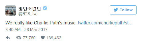 BTS và Charlie Puth bất ngờ dành lời khen cho nhau trên Twitter - Ảnh 2.
