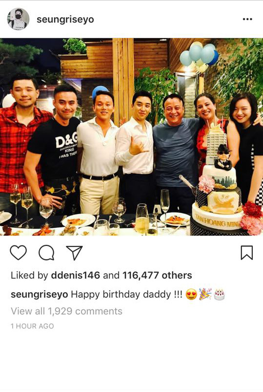 Seungri (Big Bang) khoe ảnh dự tiệc sinh nhật, gọi chủ tịch Tân Hoàng Minh là cha - Ảnh 1.